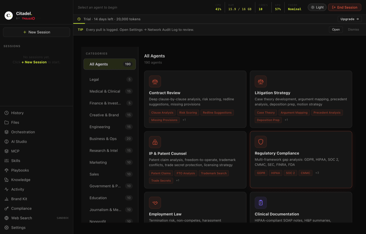 Citadel on a Mac: a dark desktop application headed All Agents with 190 agents, a category rail listing Legal, Medical and Clinical, Finance, Engineering and more, and agent cards for Contract Review, Litigation Strategy and Regulatory Compliance