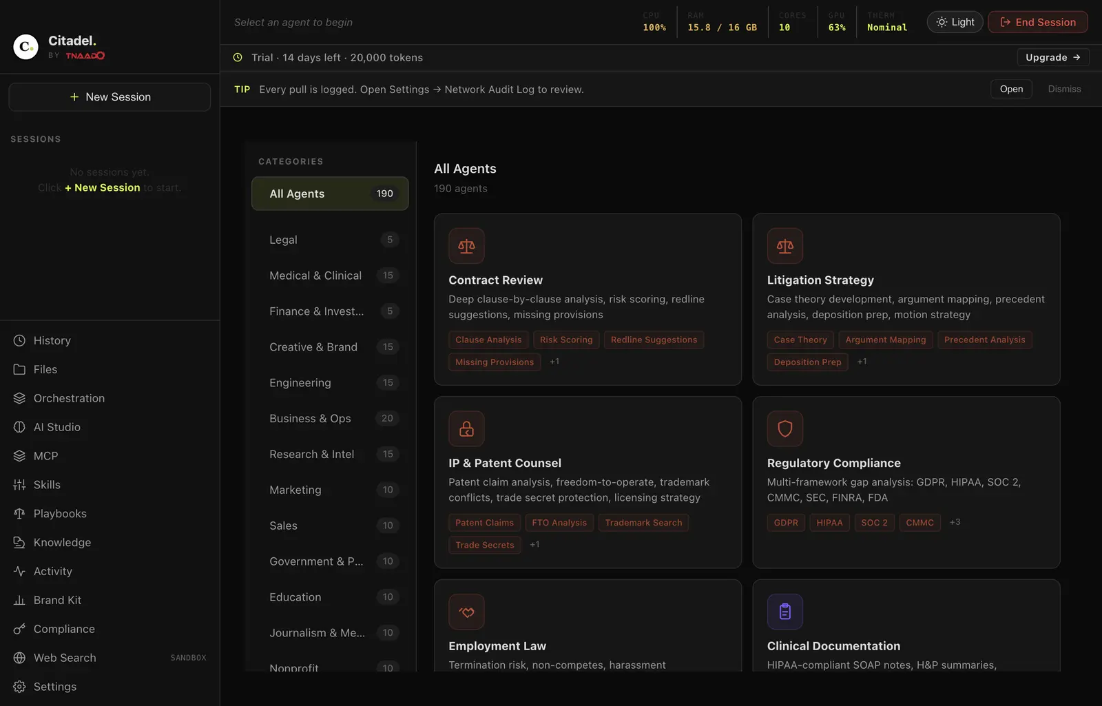 Citadel's agent library: a category list with counts beside it — legal, medical and clinical, finance, creative, engineering — next to the All Agents heading.