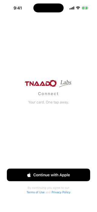 TNAADO Connect running on iPhone: the sign-in screen of the business-card app.