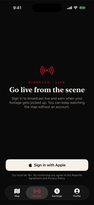 Dispatch Live running on iPhone: the go-live screen with the camera preview and a start-broadcast control.