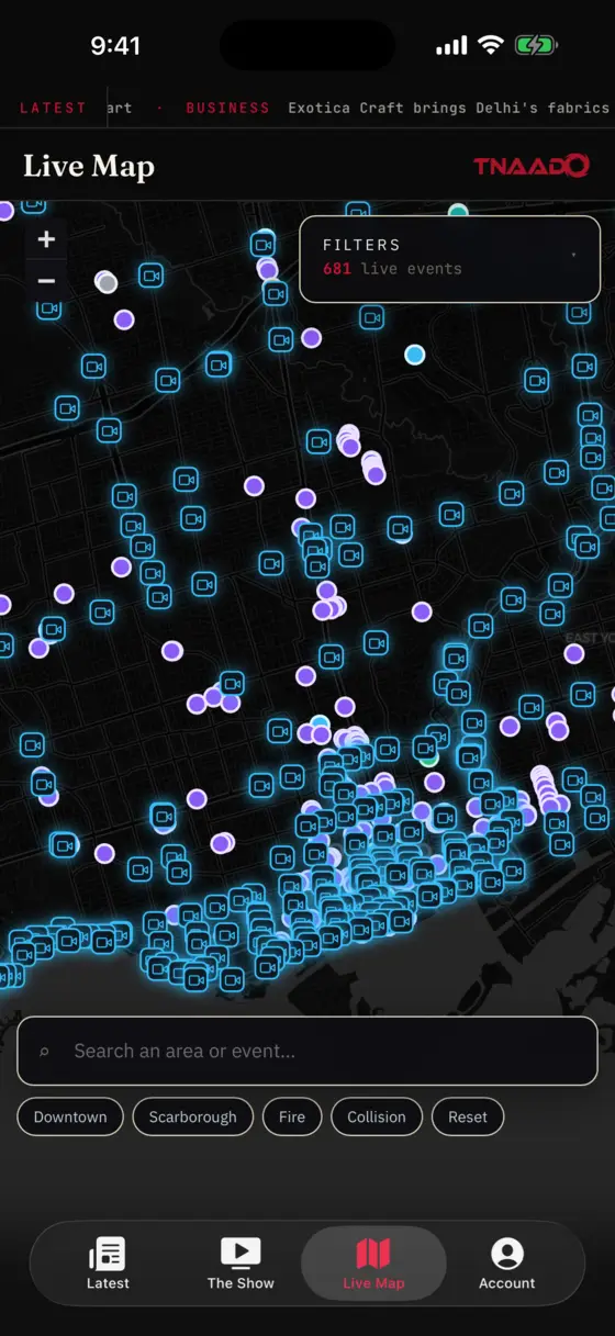 The Dispatch app's Live Map: 681 live events pinned across a dark map of Toronto, with area and category filters.