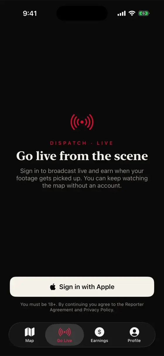 The Dispatch Live go-live screen, inviting a reporter to sign in and broadcast from the scene.