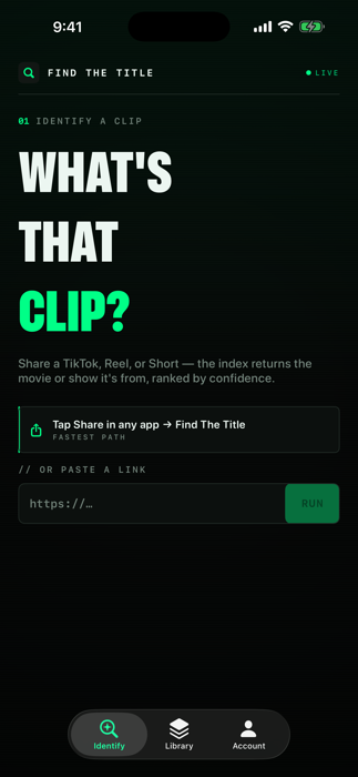 Find The Title running on iPhone: the identify screen listening for a clip.