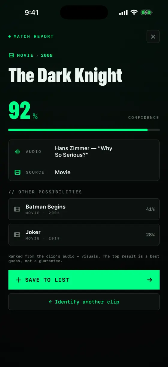 A Find The Title match report identifying The Dark Knight at 92 percent confidence, with two lower-ranked alternatives.