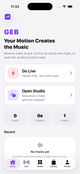 GEB on iPhone: the wordmark GEB in purple over the line Your Motion Creates the Music, with two rows reading Go Live, hands-free real-time hype, and Open Studio, sequence a beat gesture-mapped