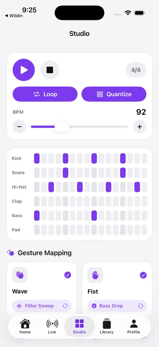 The GEB Studio screen: a step sequencer with kick, snare, hi-hat and bass rows at 92 BPM, and gesture mappings for wave and fist.