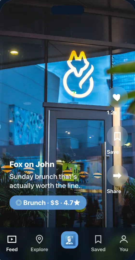 The Mr. Indecisive feed: a full-screen restaurant card for Fox on John, tagged brunch, $$ and 4.7 stars, with like, save and share actions.