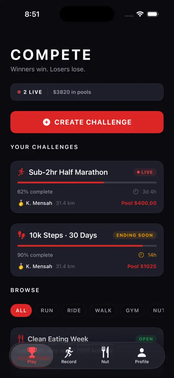 The Mr Syn Compete screen: two live fitness challenges with progress bars, countdowns and prize pools of $400 and $1,025.