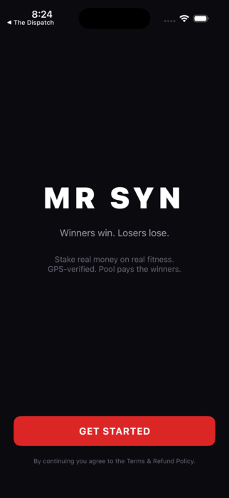 Mr Syn running on iPhone: the welcome screen for a fitness challenge with a stake.