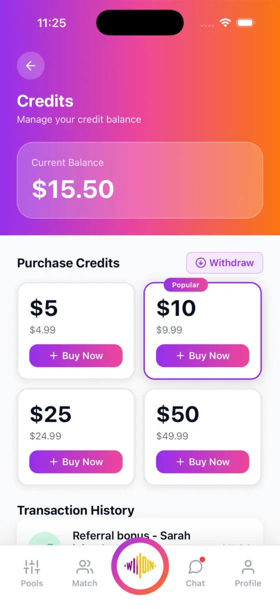 The Wildin credits screen: a $15.50 balance above four top-up tiers from $5 to $50 and a transaction history.