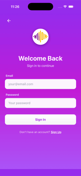 Wildin on iPhone: a purple gradient sign-in screen with a circular waveform mark, the words Welcome Back, sign in to continue, email and password fields and a Sign In button