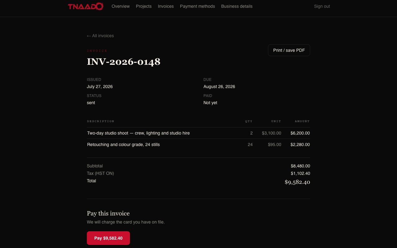 A single invoice showing its issue and due dates, a sent status, two line items for a two day studio shoot and for retouching, a subtotal, Ontario tax, a total, a print or save as PDF button, and a pay button carrying the amount.