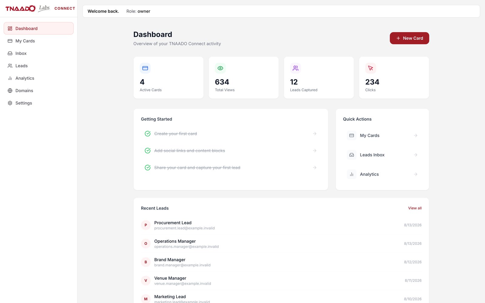 A light TNAADO Connect dashboard for an account whose role is owner. Four counters read four active cards, 634 total views, 12 leads captured and 234 clicks. A Getting started checklist is struck through in full, a Quick actions column links to cards, the leads inbox and analytics, and a Recent leads list shows captured contacts by job title and date.