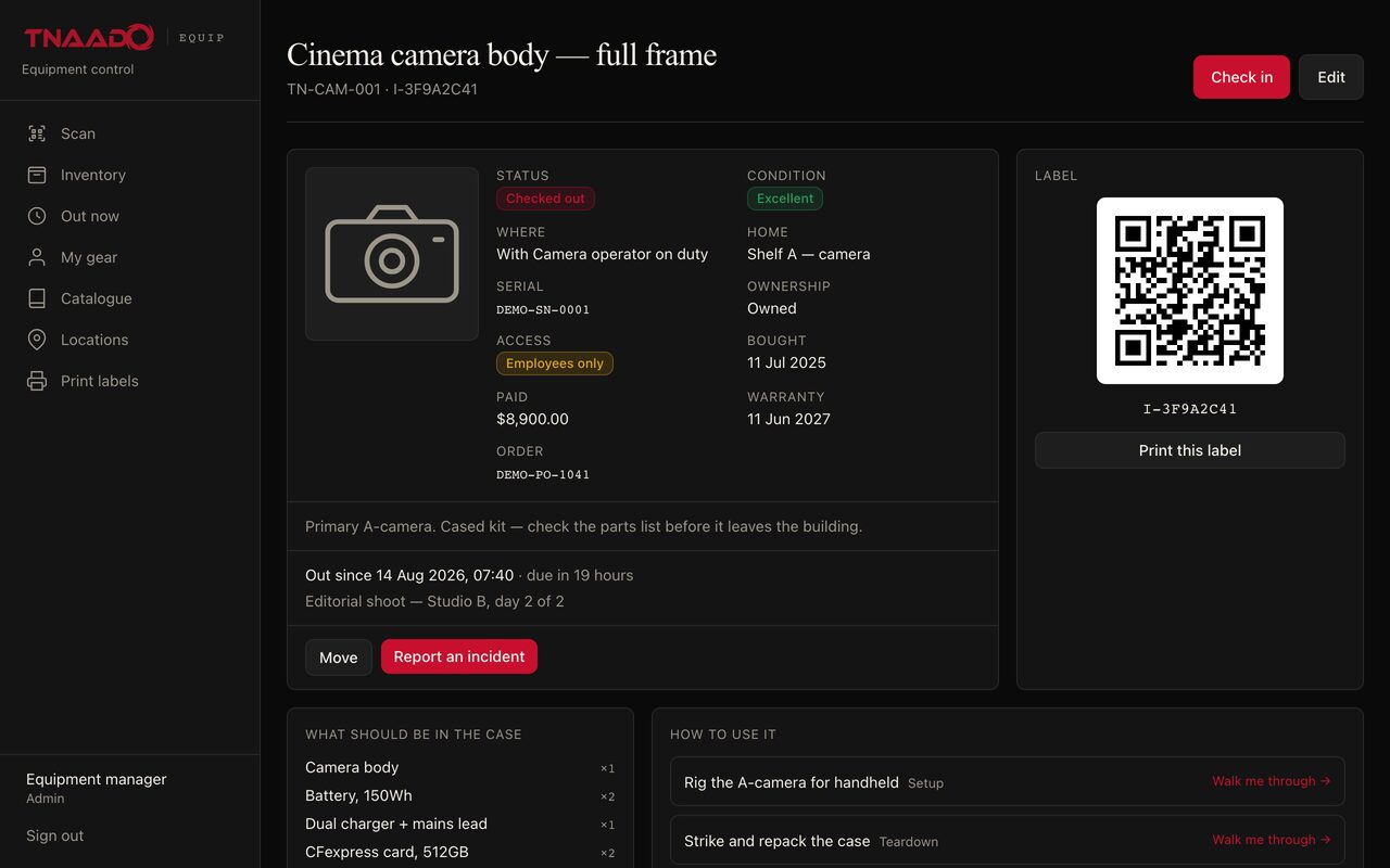 An equipment record for a cinema camera body showing its status, condition, location, serial number, purchase price and warranty date, a printable QR label, who has it out and when it is due back, and a packing list of everything that belongs in the case.