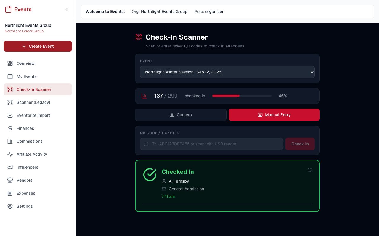 A door scanner screen with an event picker, a running count of one hundred and thirty seven checked in out of two hundred and ninety nine, a field for a ticket reference, and a green confirmation naming the person just admitted and their ticket type.