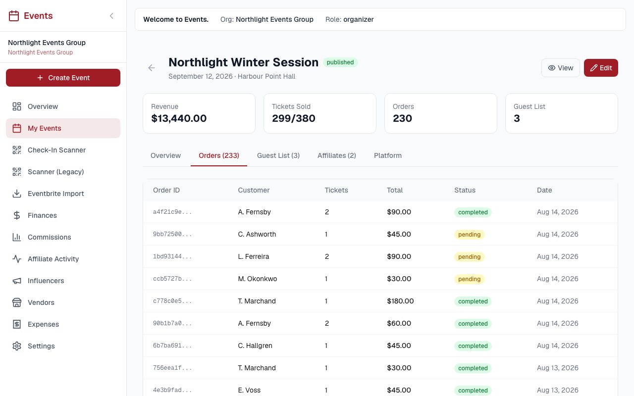 An order table for one event, each row carrying an order reference, the customer, how many tickets, the amount paid and a completed or pending status.