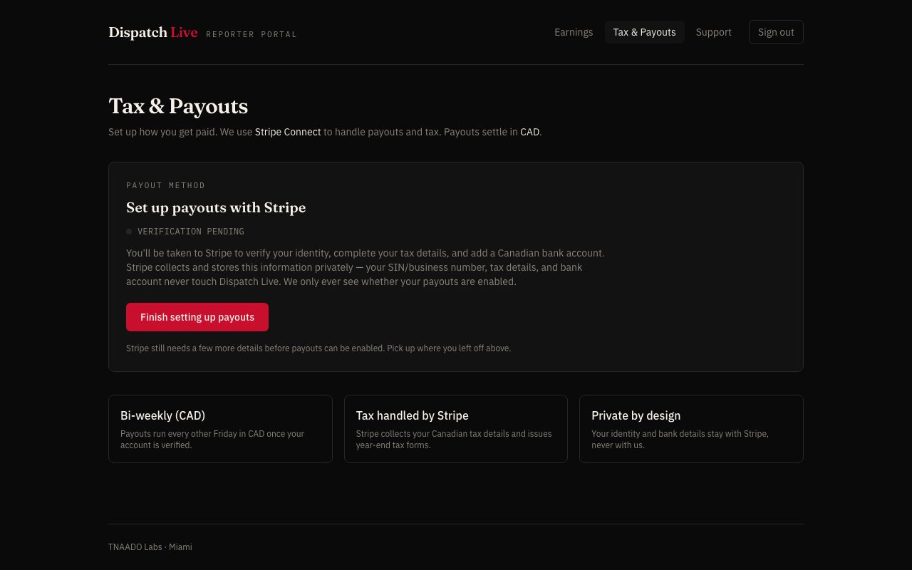 A payouts setup screen explaining that Stripe handles payouts and tax and that identity, tax details and bank account never touch the product, with three cards covering fortnightly Canadian dollar payouts, tax handled by Stripe, and identity kept private.