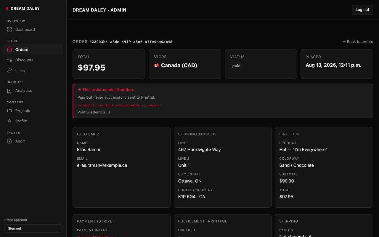 A single store order opened up, with an alert saying it was paid but never reached the print partner, and the customer, shipping address and line item listed beside it