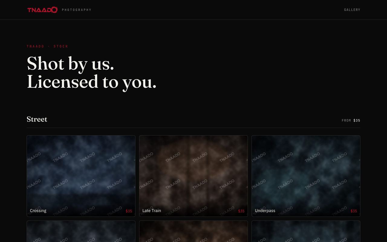 A photography licensing gallery headed Shot by us, licensed to you, with a Street section of thumbnails, every preview tiled with repeating TNAADO watermarks.