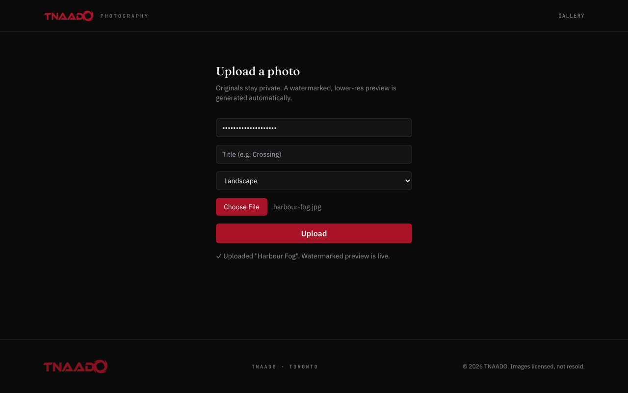 An upload form for a photograph with a title field, an orientation picker and a file chooser, above a note saying originals stay private and a watermarked lower resolution preview is generated automatically, and a line confirming the preview is live.