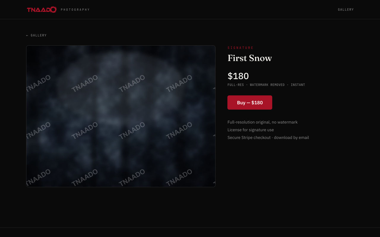 A licensing page for one photograph: the preview tiled with repeating watermarks, and beside it the licence price and a buy button offering the full-resolution original
