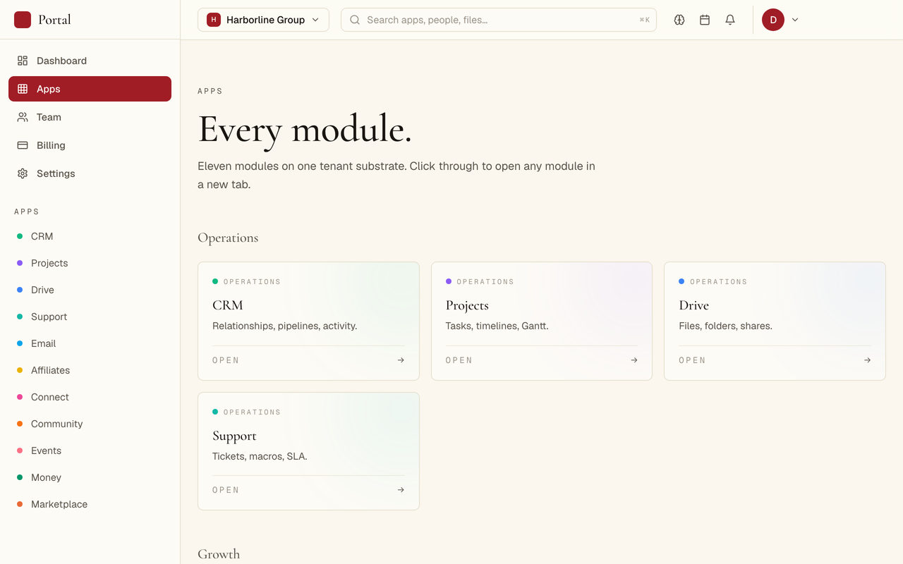 A module launcher headed Every module, with cards under an Operations heading for CRM, projects, drive and support, each with a one line description and an open link, and a left rail listing eleven modules.