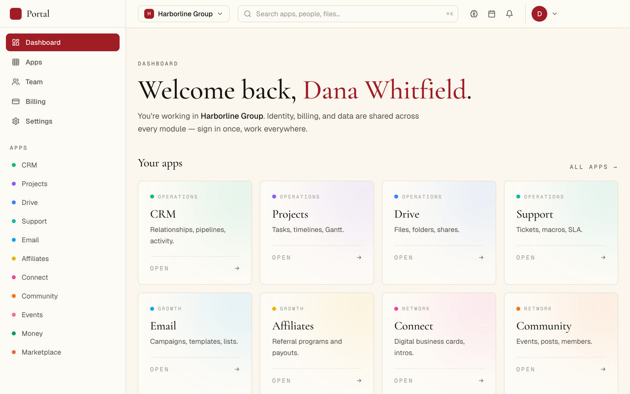 A workspace dashboard welcoming a signed-in user, with a left rail of modules. CRM, projects, drive, support, email and more: and each module repeated as an openable card