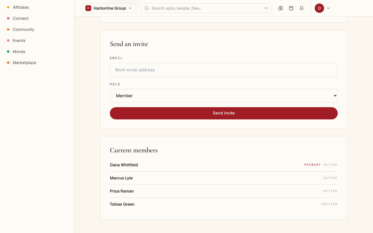 A team screen with a form to invite somebody by work email and pick their role, above a current members list showing four people marked primary, active or invited.
