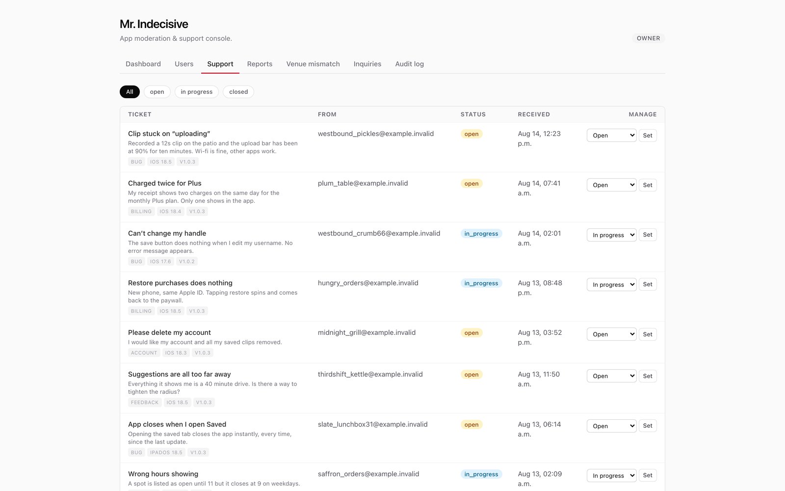 A support inbox for a phone app, each ticket showing the message the user sent, a bug, billing, account or feedback tag, the operating system and app version they are on, and a control to move it between open, in progress and closed.