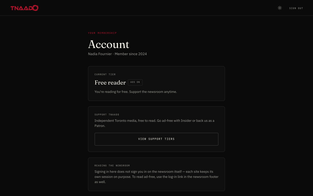A reader's account page naming the member and the year they joined, a current tier card reading free reader with ads on, and a panel inviting them to go ad free or to back the newsroom.