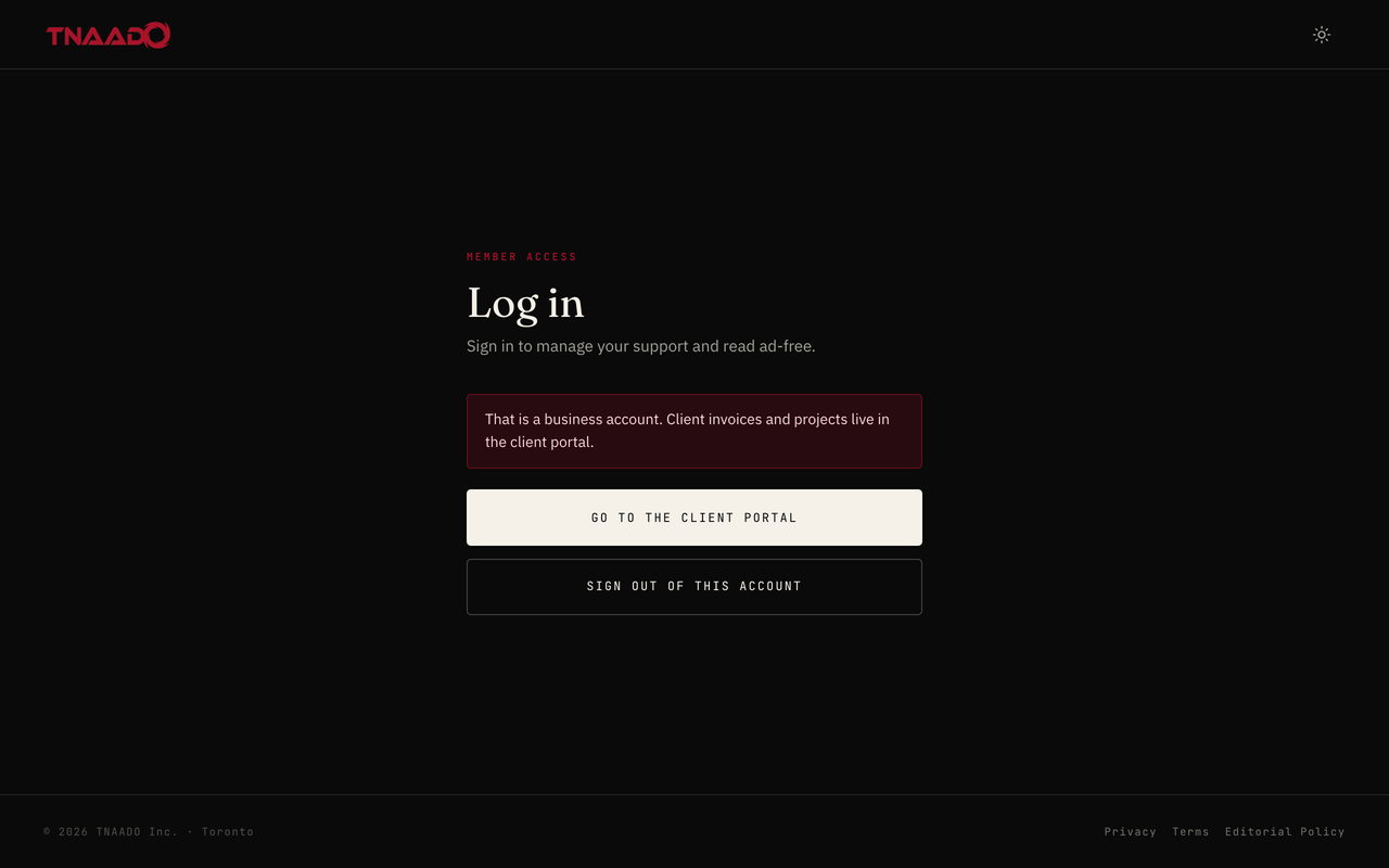A log in screen carrying a message that this is a business account and that client invoices and projects live in the client portal, with a button through to the client portal and a button to sign out.