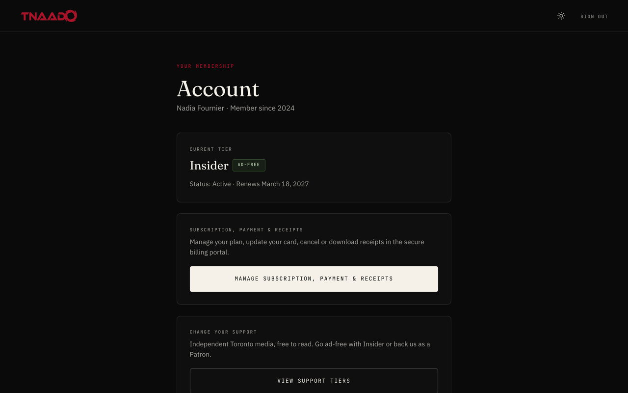 A dark account page headed Account, for a member since 2024. A panel labelled Current tier reads Insider with an ad-free badge, status active, renewing March 18 2027. Under it a second panel offers one pale full-width button reading Manage subscription, payment and receipts, and below that a Change your support panel offers View support tiers.