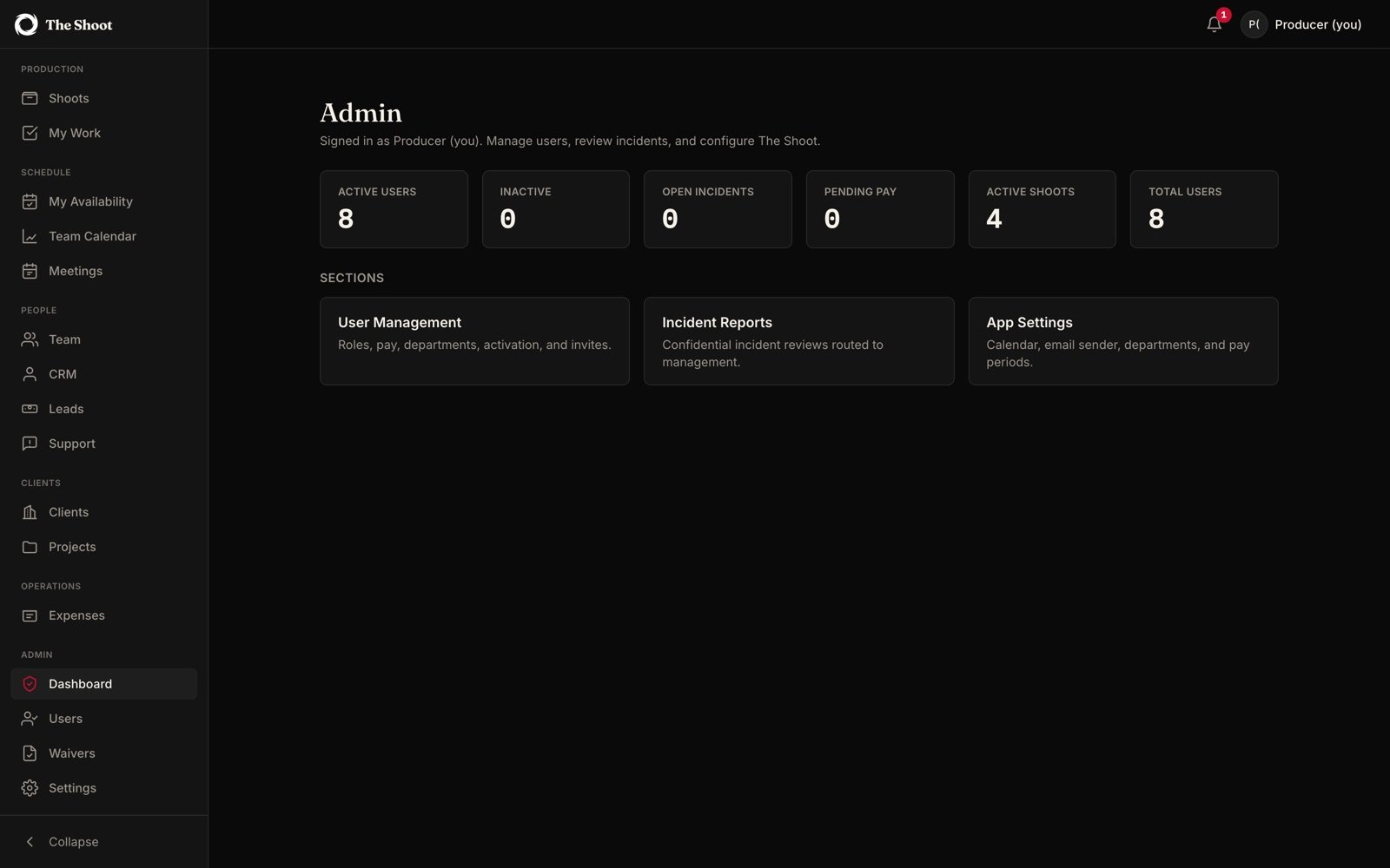 The admin screen: counters for active users, open incidents, pending pay and active shoots, above sections for user management, incident reports and app settings.