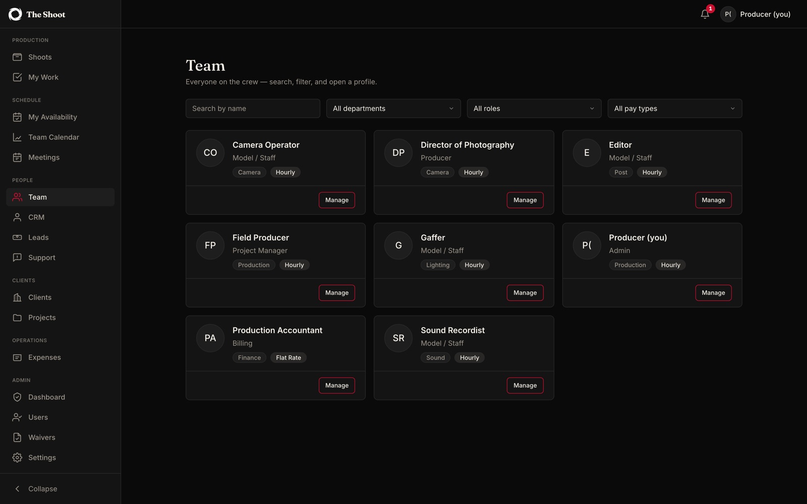 The team directory: crew cards for a camera operator, a director of photography and an editor, each tagged with a department and a pay type, above filters for department, role and pay type.