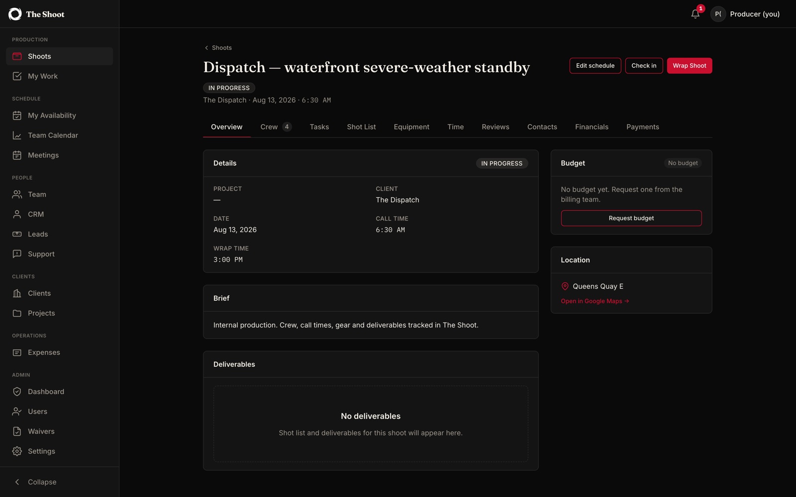 A single production opened: a waterfront severe-weather standby marked in progress, with tabs for crew, tasks, shot list, equipment, time, reviews, contacts, financials and payments.