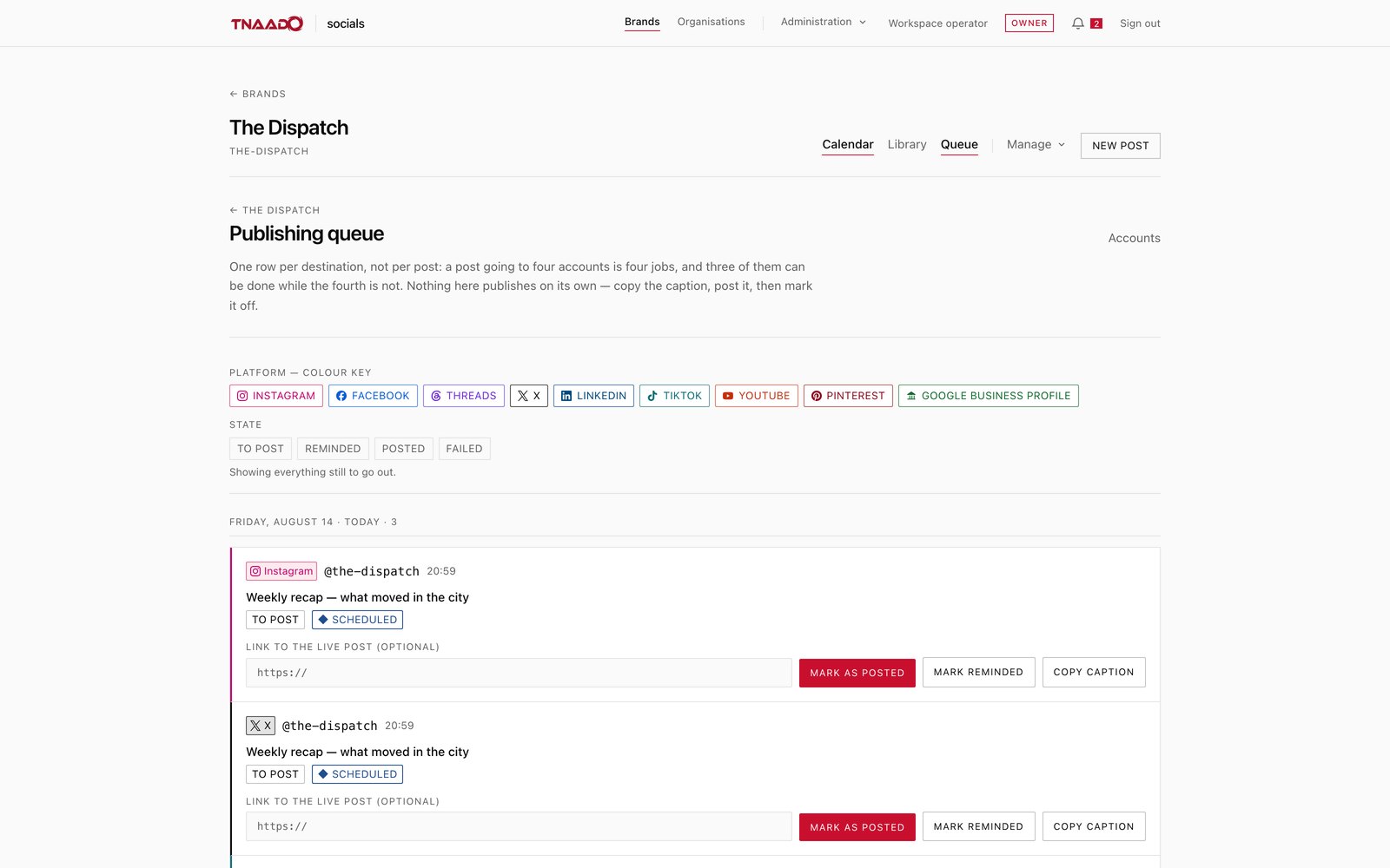 A publishing queue with one row per destination: each row carries the post's headline, the platform it is going to, a state of To post or Scheduled, and buttons to mark it posted or copy the caption