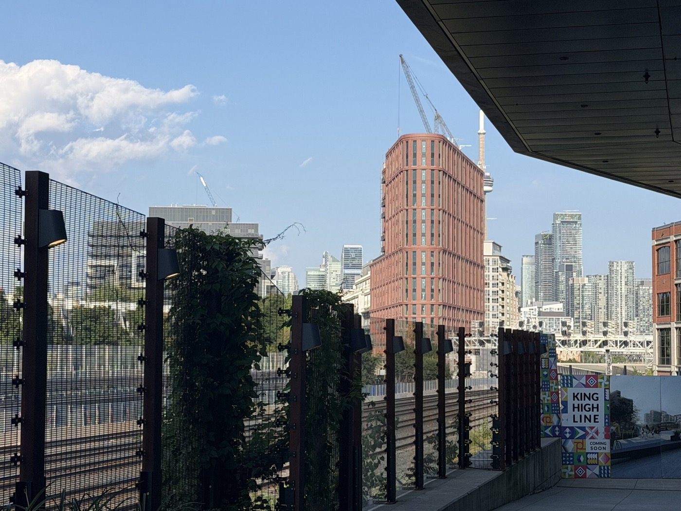 The terrace outside the office, looking over the rail corridor: a mesh fence with climbing vines in the foreground, a red brick tower and the CN Tower beyond, and a hoarding at the right reading KING HIGH LINE, COMING SOON.