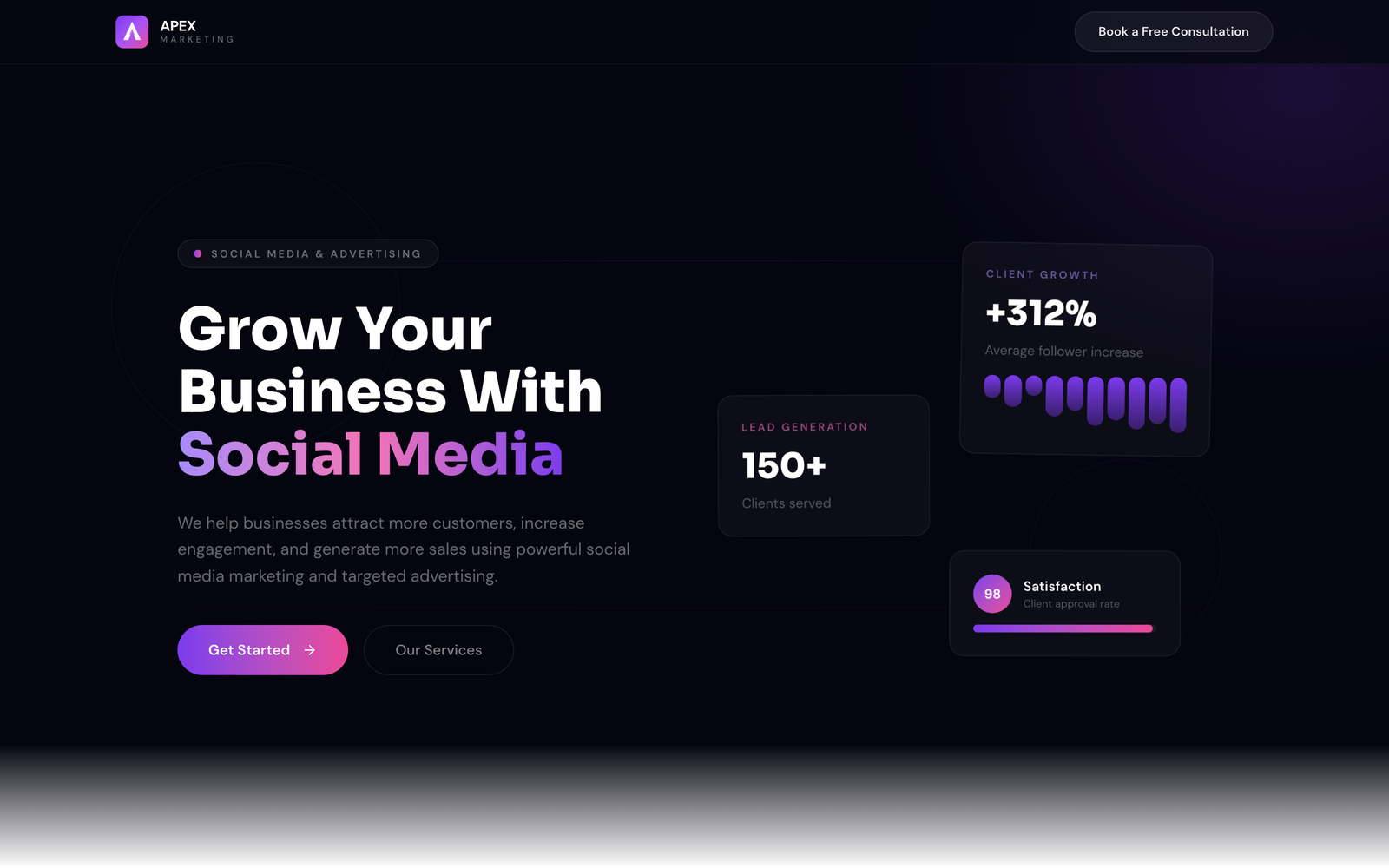 The Apex Marketing landing page, a lead-generation page for an advertising agency.