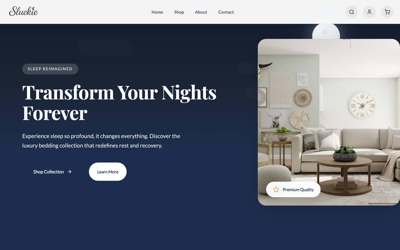The Sluekie storefront home page: a silk bedding brand, with a navy hero, the headline &ldquo;Transform Your Nights Forever&rdquo; and a product room photograph beside it.
