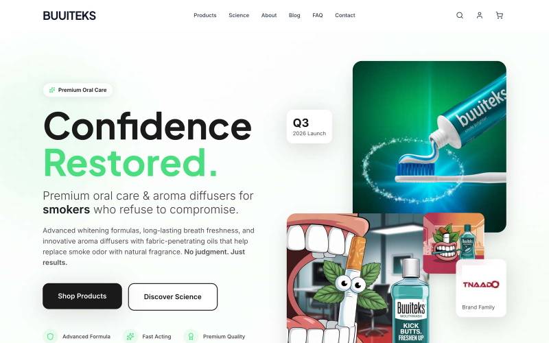 The Buuiteks homepage: a white page headed &ldquo;Confidence Restored.&rdquo;, with product photography of the toothpaste and mouthwash range on the right.