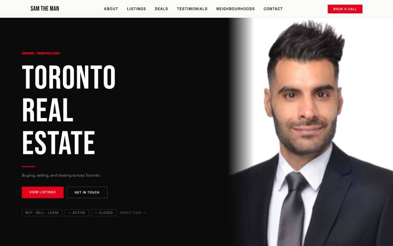 The Sam Pakdel Realty homepage: a black page with TORONTO REAL ESTATE set large in condensed capitals, and a studio portrait of the agent on the right half.
