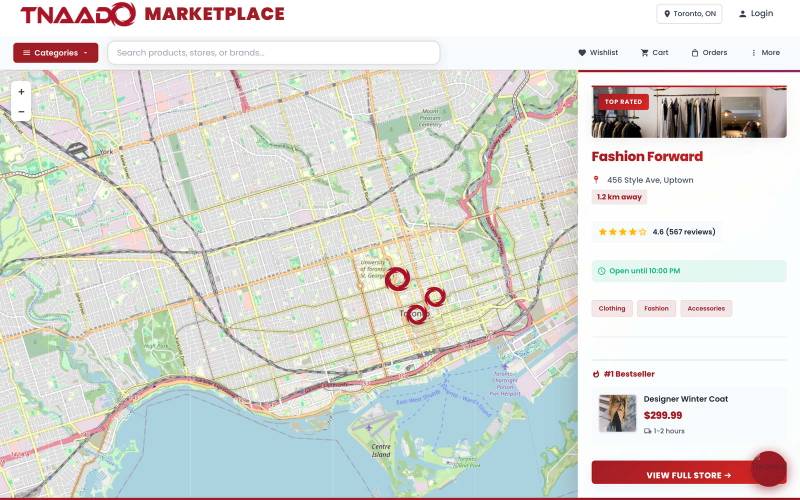 The TNAADO Marketplace interface: a map of downtown Toronto carrying store pins, with a store listing panel open on the right showing ratings, hours and a product.